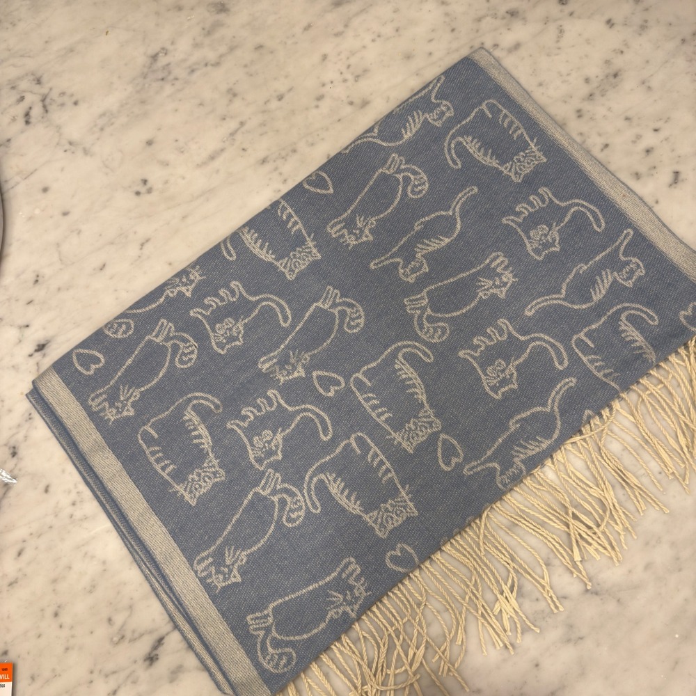 Blue Cat Print Scarf Shawl Lightweight‎ Acrylic Cashmere Feel Fringe Women